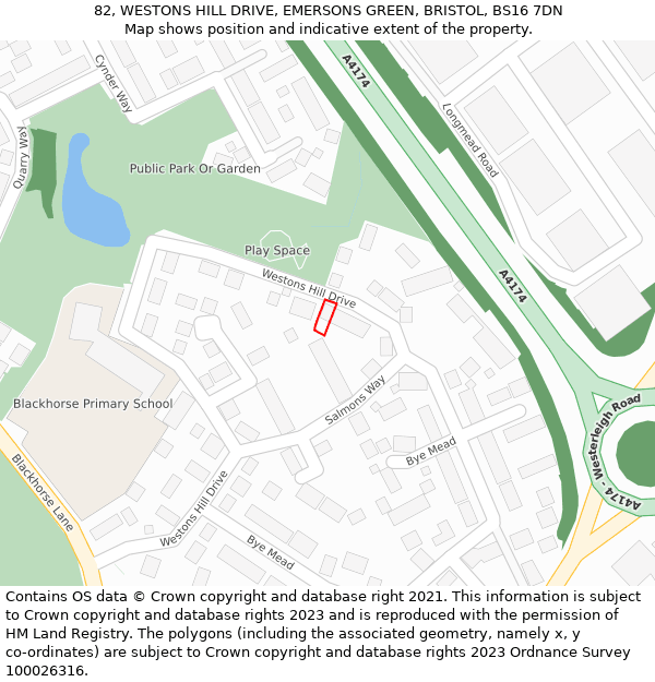 82, WESTONS HILL DRIVE, EMERSONS GREEN, BRISTOL, BS16 7DN: Location map and indicative extent of plot