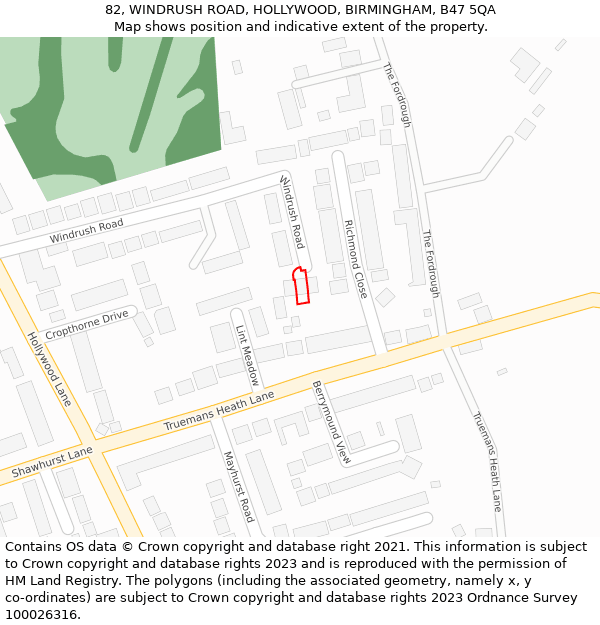 82, WINDRUSH ROAD, HOLLYWOOD, BIRMINGHAM, B47 5QA: Location map and indicative extent of plot