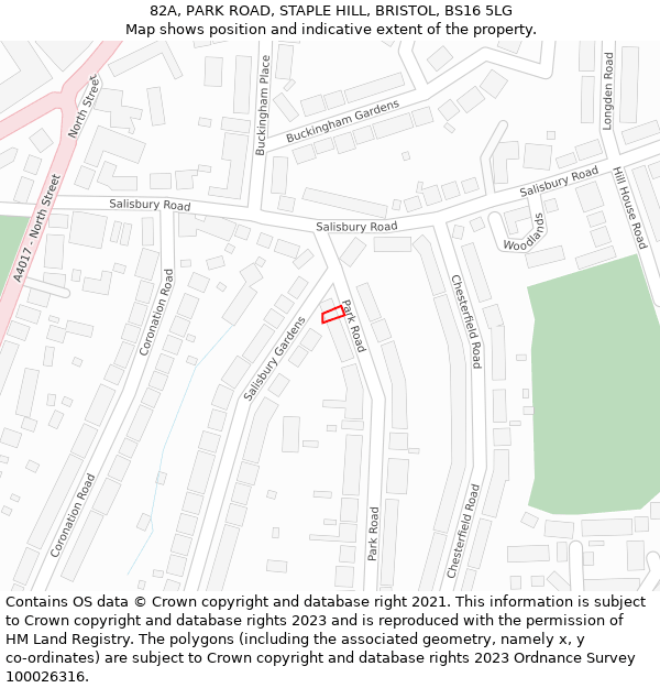 82A, PARK ROAD, STAPLE HILL, BRISTOL, BS16 5LG: Location map and indicative extent of plot