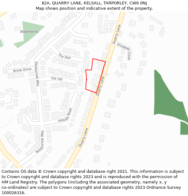 82A, QUARRY LANE, KELSALL, TARPORLEY, CW6 0NJ: Location map and indicative extent of plot