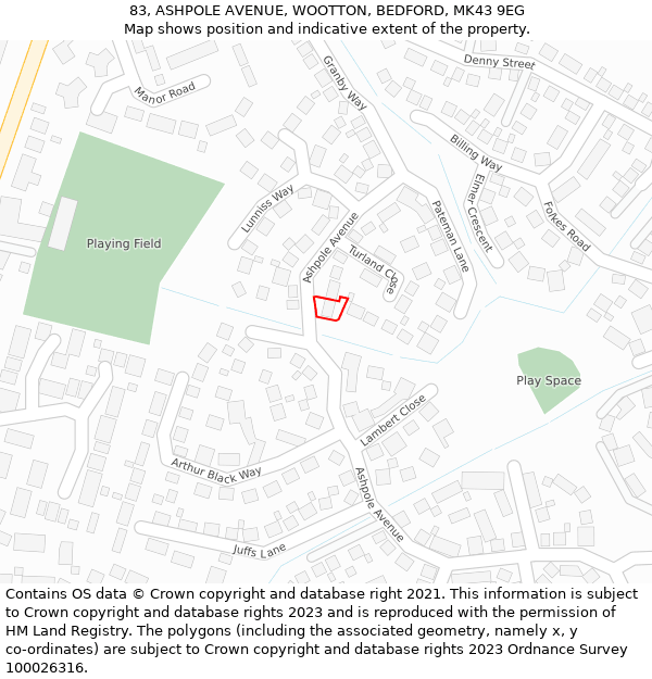 83, ASHPOLE AVENUE, WOOTTON, BEDFORD, MK43 9EG: Location map and indicative extent of plot