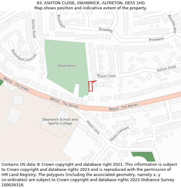 83, ASHTON CLOSE, SWANWICK, ALFRETON, DE55 1HG: Location map and indicative extent of plot