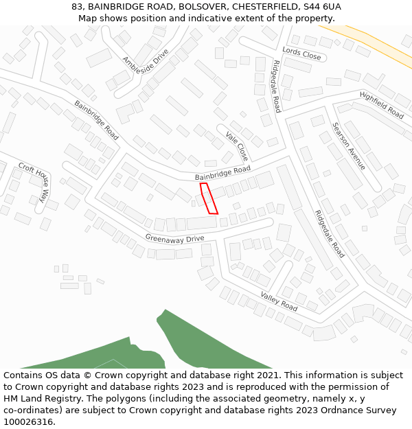 83, BAINBRIDGE ROAD, BOLSOVER, CHESTERFIELD, S44 6UA: Location map and indicative extent of plot