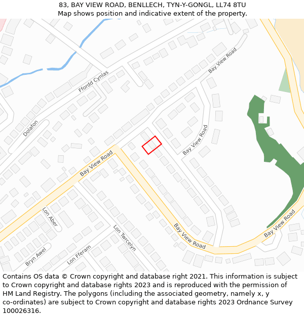 83, BAY VIEW ROAD, BENLLECH, TYN-Y-GONGL, LL74 8TU: Location map and indicative extent of plot