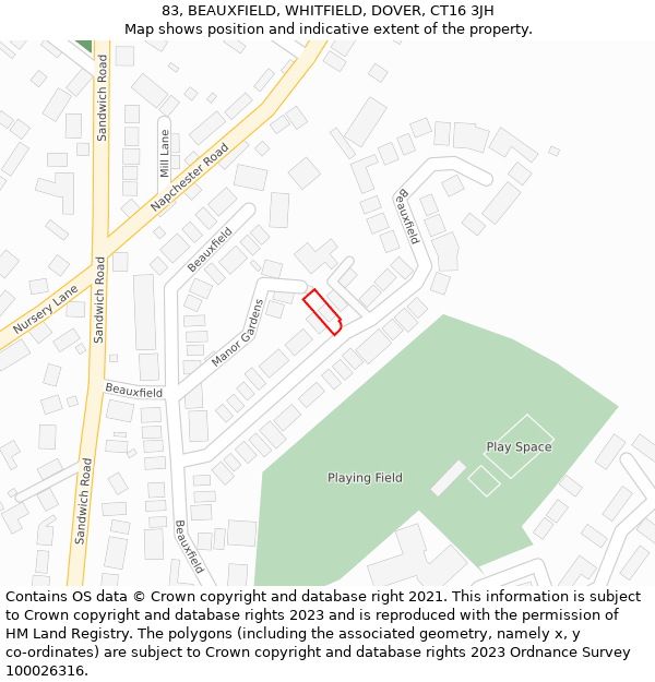 83, BEAUXFIELD, WHITFIELD, DOVER, CT16 3JH: Location map and indicative extent of plot