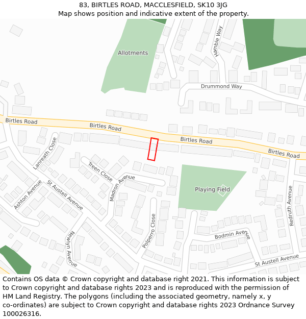 83, BIRTLES ROAD, MACCLESFIELD, SK10 3JG: Location map and indicative extent of plot