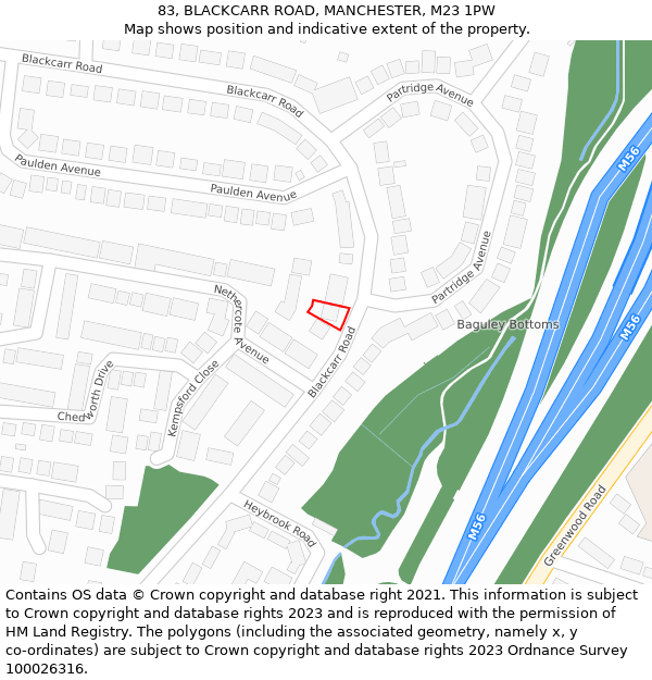 83, BLACKCARR ROAD, MANCHESTER, M23 1PW: Location map and indicative extent of plot