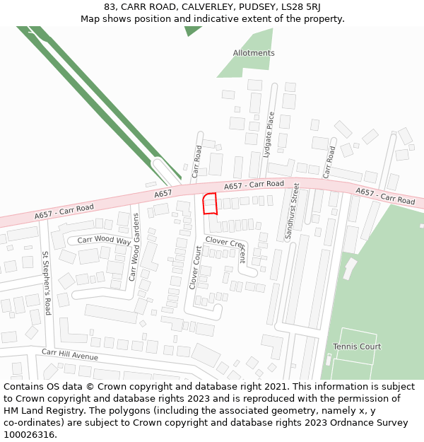 83, CARR ROAD, CALVERLEY, PUDSEY, LS28 5RJ: Location map and indicative extent of plot