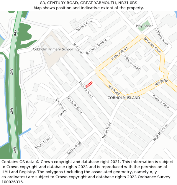 83, CENTURY ROAD, GREAT YARMOUTH, NR31 0BS: Location map and indicative extent of plot