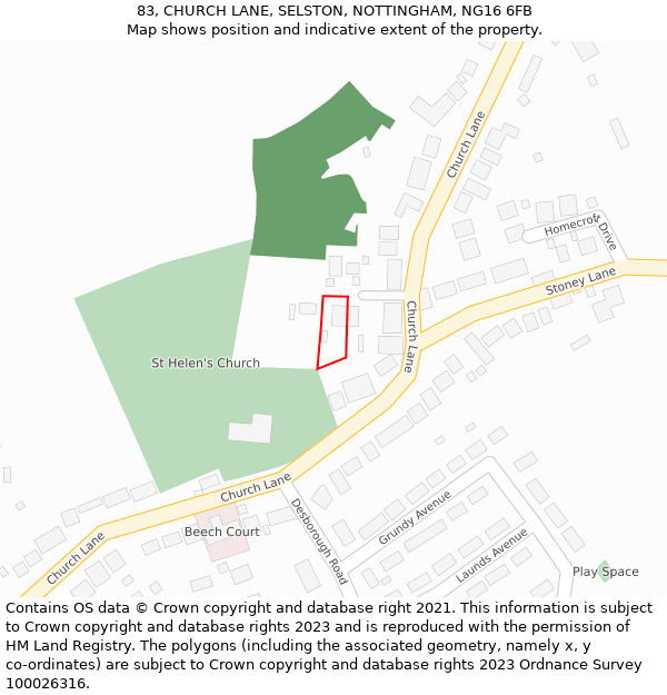 83, CHURCH LANE, SELSTON, NOTTINGHAM, NG16 6FB: Location map and indicative extent of plot