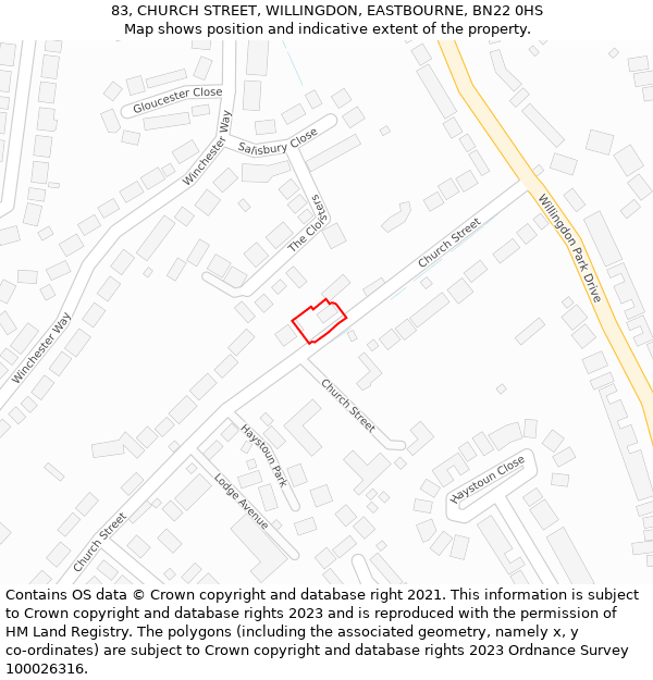 83, CHURCH STREET, WILLINGDON, EASTBOURNE, BN22 0HS: Location map and indicative extent of plot