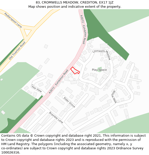 83, CROMWELLS MEADOW, CREDITON, EX17 1JZ: Location map and indicative extent of plot
