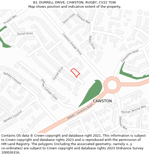 83, DURRELL DRIVE, CAWSTON, RUGBY, CV22 7GW: Location map and indicative extent of plot