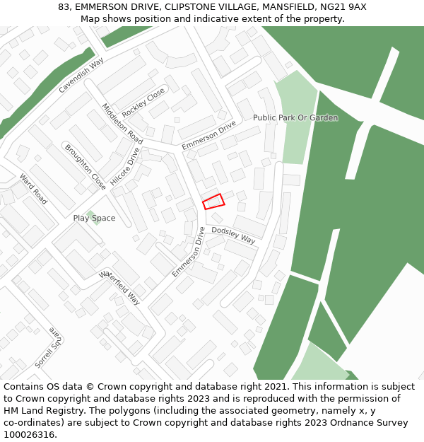 83, EMMERSON DRIVE, CLIPSTONE VILLAGE, MANSFIELD, NG21 9AX: Location map and indicative extent of plot