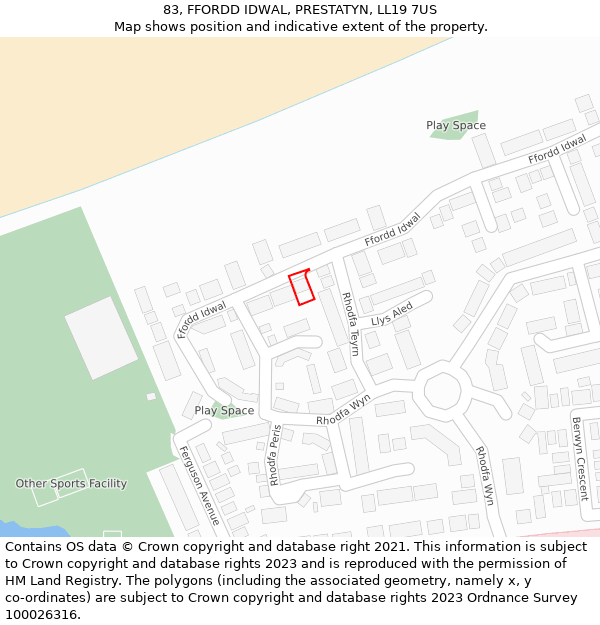 83, FFORDD IDWAL, PRESTATYN, LL19 7US: Location map and indicative extent of plot