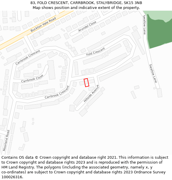 83, FOLD CRESCENT, CARRBROOK, STALYBRIDGE, SK15 3NB: Location map and indicative extent of plot