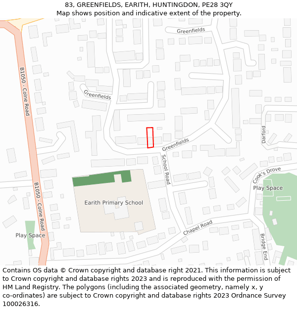 83, GREENFIELDS, EARITH, HUNTINGDON, PE28 3QY: Location map and indicative extent of plot