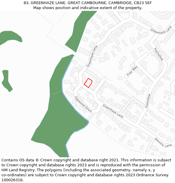 83, GREENHAZE LANE, GREAT CAMBOURNE, CAMBRIDGE, CB23 5EF: Location map and indicative extent of plot