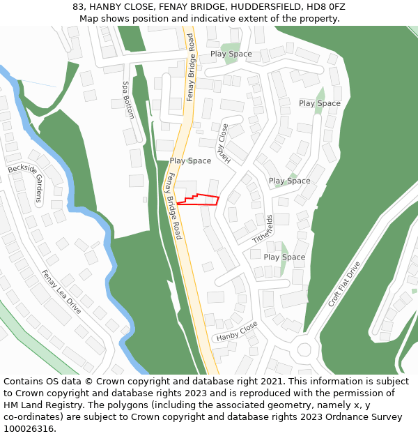83, HANBY CLOSE, FENAY BRIDGE, HUDDERSFIELD, HD8 0FZ: Location map and indicative extent of plot
