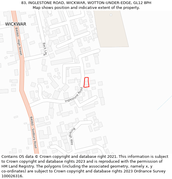 83, INGLESTONE ROAD, WICKWAR, WOTTON-UNDER-EDGE, GL12 8PH: Location map and indicative extent of plot