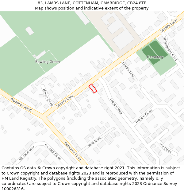 83, LAMBS LANE, COTTENHAM, CAMBRIDGE, CB24 8TB: Location map and indicative extent of plot