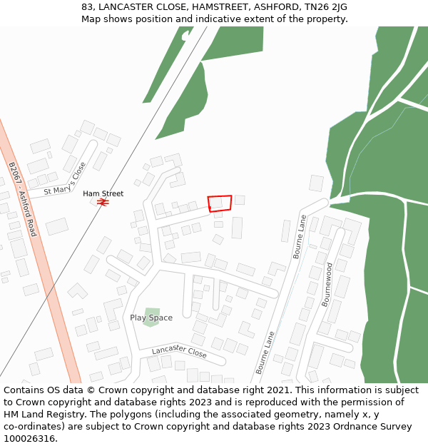 83, LANCASTER CLOSE, HAMSTREET, ASHFORD, TN26 2JG: Location map and indicative extent of plot
