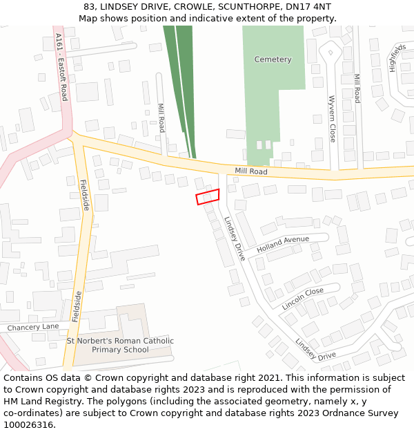 83, LINDSEY DRIVE, CROWLE, SCUNTHORPE, DN17 4NT: Location map and indicative extent of plot