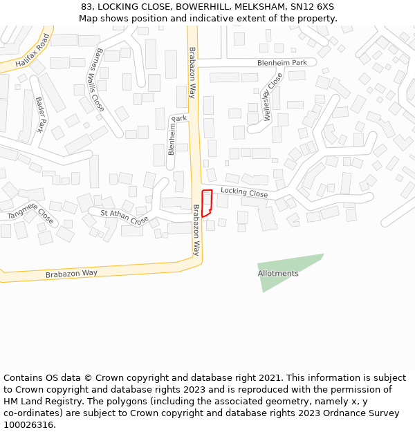 83, LOCKING CLOSE, BOWERHILL, MELKSHAM, SN12 6XS: Location map and indicative extent of plot