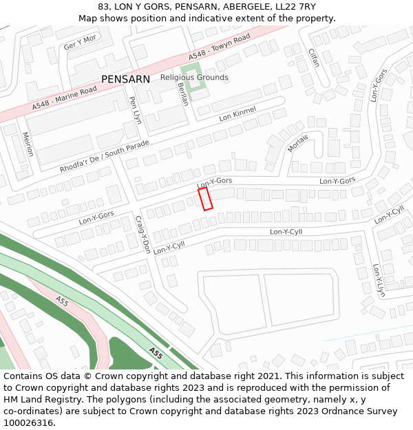 83, LON Y GORS, PENSARN, ABERGELE, LL22 7RY: Location map and indicative extent of plot