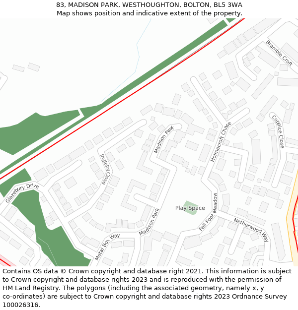 83, MADISON PARK, WESTHOUGHTON, BOLTON, BL5 3WA: Location map and indicative extent of plot