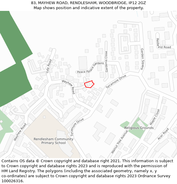 83, MAYHEW ROAD, RENDLESHAM, WOODBRIDGE, IP12 2GZ: Location map and indicative extent of plot