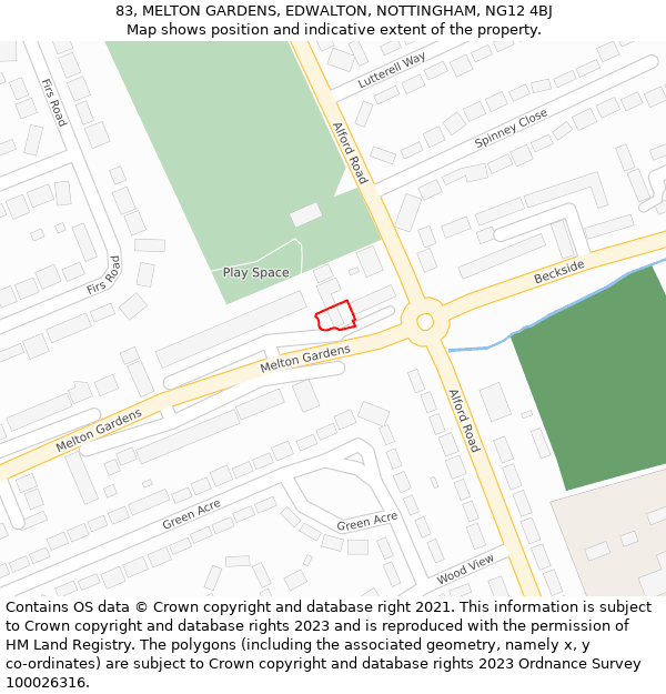 83, MELTON GARDENS, EDWALTON, NOTTINGHAM, NG12 4BJ: Location map and indicative extent of plot