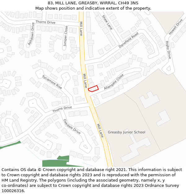 83, MILL LANE, GREASBY, WIRRAL, CH49 3NS: Location map and indicative extent of plot