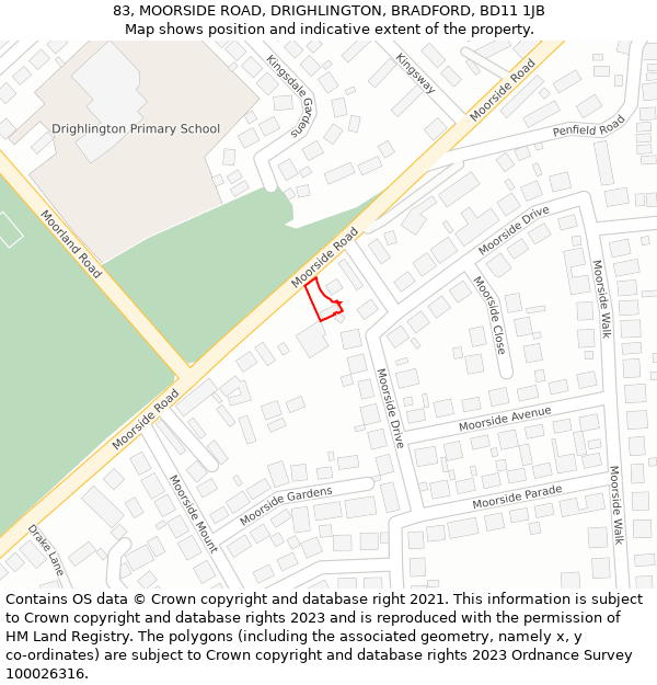 83, MOORSIDE ROAD, DRIGHLINGTON, BRADFORD, BD11 1JB: Location map and indicative extent of plot