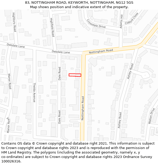 83, NOTTINGHAM ROAD, KEYWORTH, NOTTINGHAM, NG12 5GS: Location map and indicative extent of plot