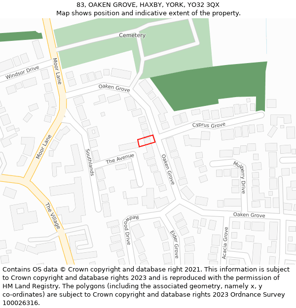 83, OAKEN GROVE, HAXBY, YORK, YO32 3QX: Location map and indicative extent of plot