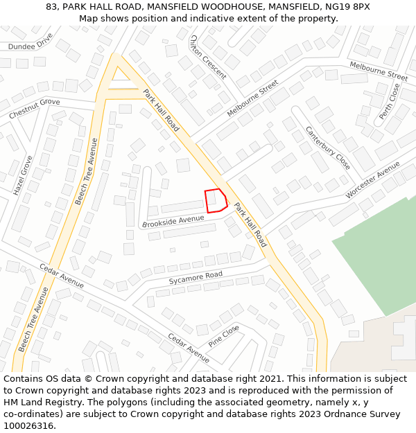 83, PARK HALL ROAD, MANSFIELD WOODHOUSE, MANSFIELD, NG19 8PX: Location map and indicative extent of plot