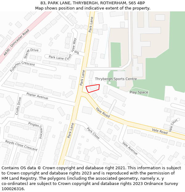 83, PARK LANE, THRYBERGH, ROTHERHAM, S65 4BP: Location map and indicative extent of plot