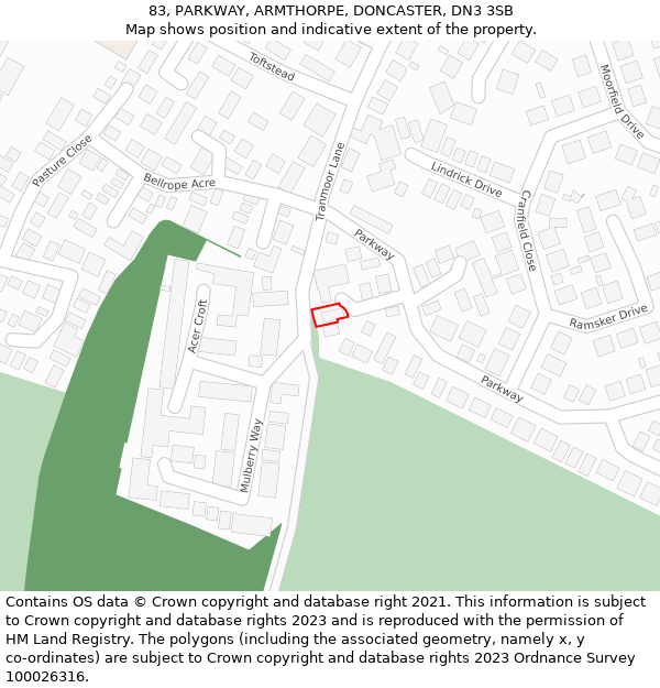83, PARKWAY, ARMTHORPE, DONCASTER, DN3 3SB: Location map and indicative extent of plot