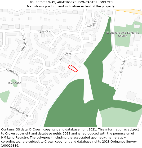 83, REEVES WAY, ARMTHORPE, DONCASTER, DN3 2FB: Location map and indicative extent of plot