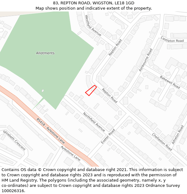 83, REPTON ROAD, WIGSTON, LE18 1GD: Location map and indicative extent of plot
