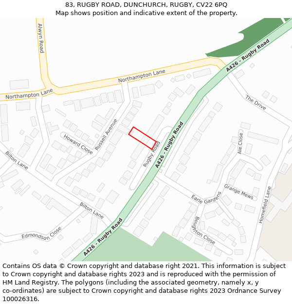 83, RUGBY ROAD, DUNCHURCH, RUGBY, CV22 6PQ: Location map and indicative extent of plot