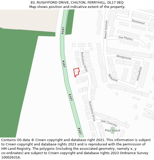 83, RUSHYFORD DRIVE, CHILTON, FERRYHILL, DL17 0EQ: Location map and indicative extent of plot