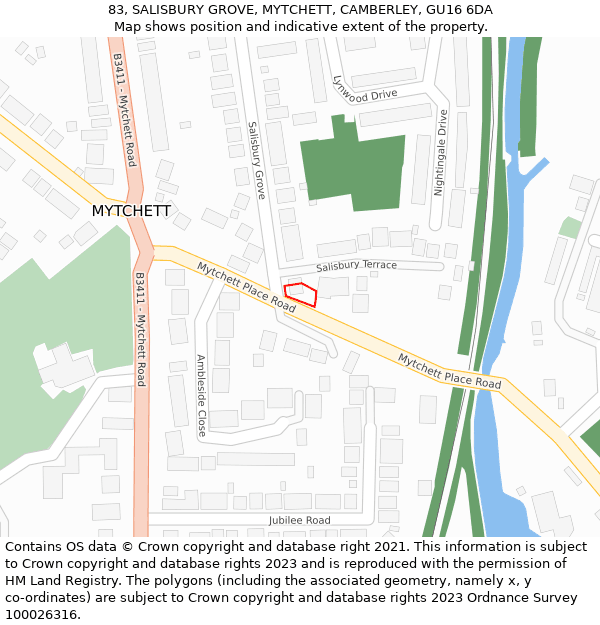 83, SALISBURY GROVE, MYTCHETT, CAMBERLEY, GU16 6DA: Location map and indicative extent of plot