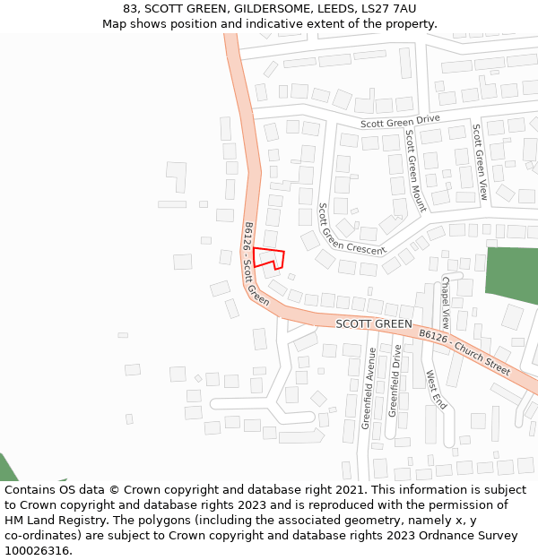 83, SCOTT GREEN, GILDERSOME, LEEDS, LS27 7AU: Location map and indicative extent of plot