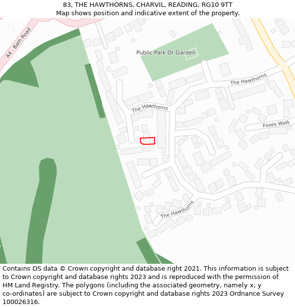 83, THE HAWTHORNS, CHARVIL, READING, RG10 9TT: Location map and indicative extent of plot