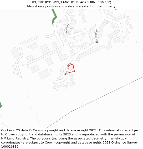 83, THE RYDINGS, LANGHO, BLACKBURN, BB6 8BQ: Location map and indicative extent of plot