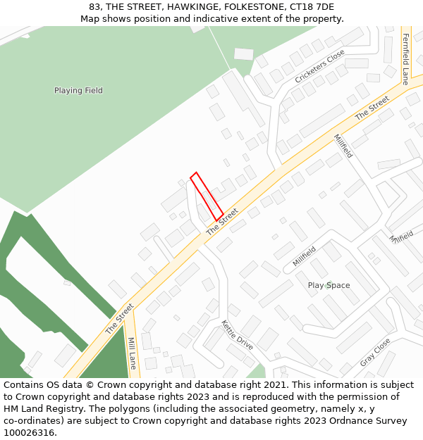 83, THE STREET, HAWKINGE, FOLKESTONE, CT18 7DE: Location map and indicative extent of plot