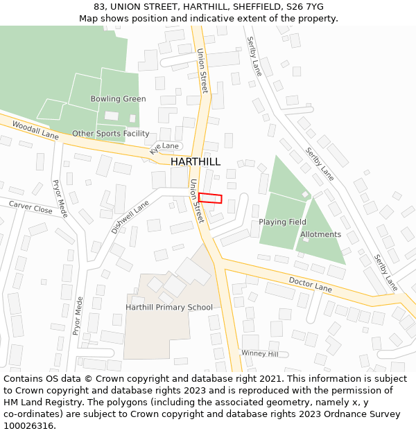 83, UNION STREET, HARTHILL, SHEFFIELD, S26 7YG: Location map and indicative extent of plot