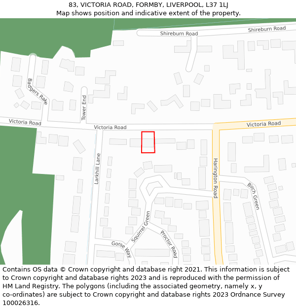 83, VICTORIA ROAD, FORMBY, LIVERPOOL, L37 1LJ: Location map and indicative extent of plot